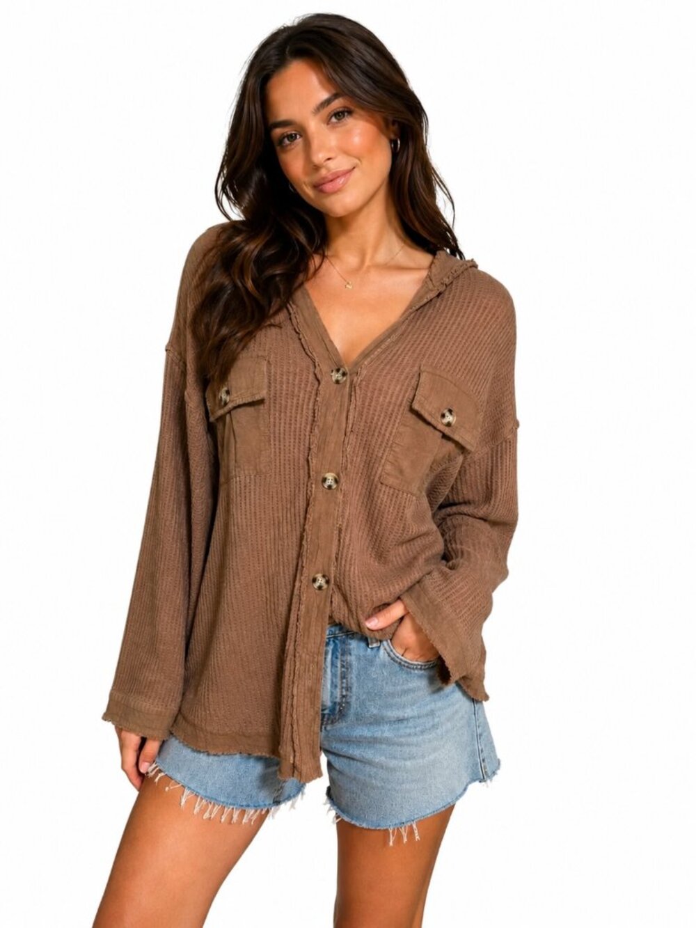 BKE Brown Button-Down Knit Shirt with Hood